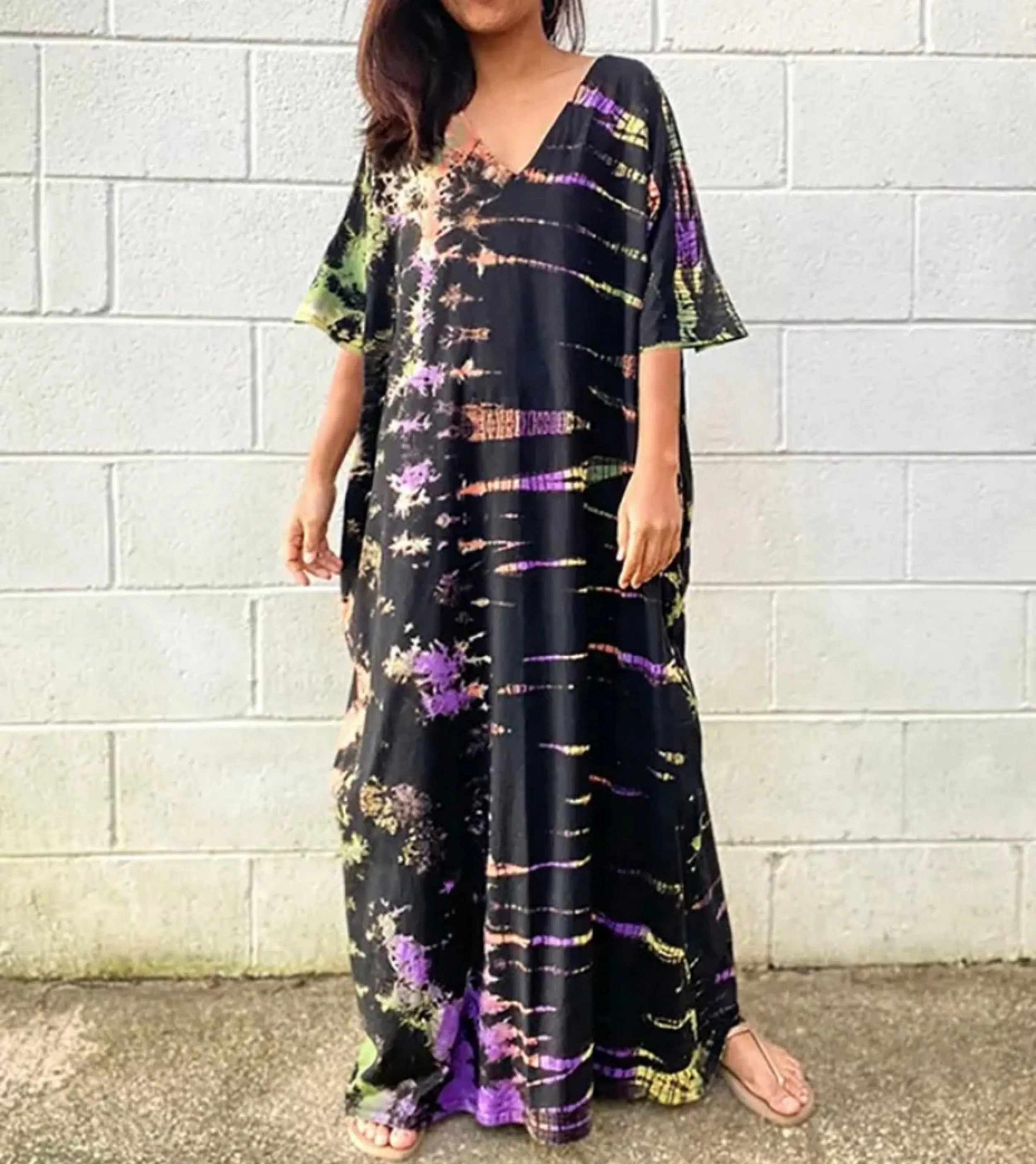 Bohemian Kaftan, Boho Retro Striped Tie Dye Women Swimsuit Cover Up, Beach Dress Kaftan