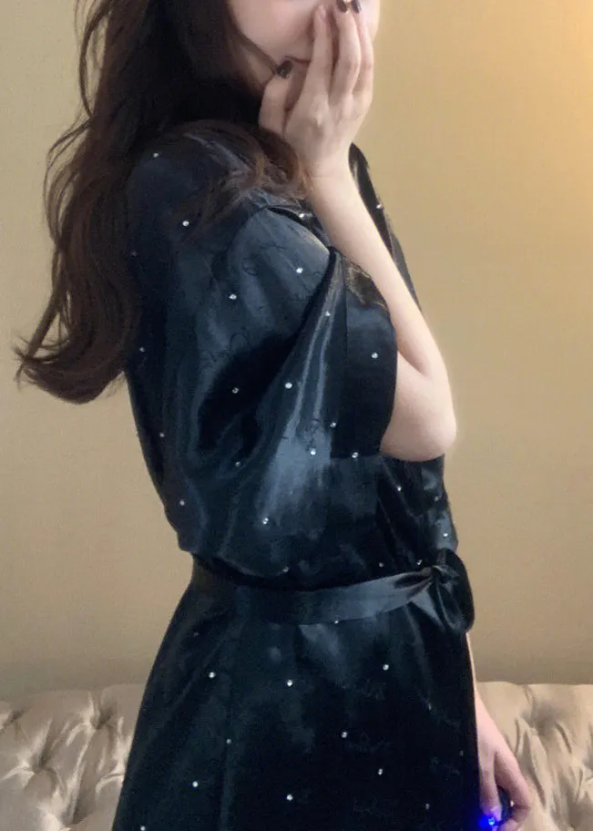 Boho Black V Neck Dot Tie Waist Ice Silk Mid Dress Long Sleeve TO1010