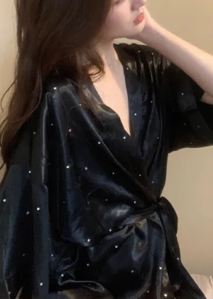 Boho Black V Neck Dot Tie Waist Ice Silk Mid Dress Long Sleeve TO1010