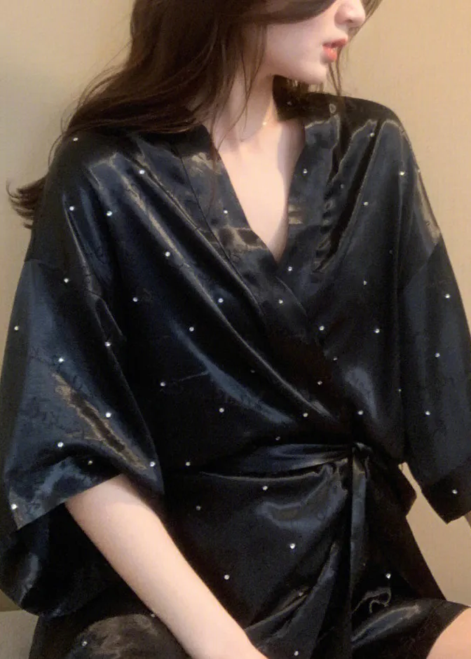 Boho Black V Neck Dot Tie Waist Ice Silk Mid Dress Long Sleeve TO1010