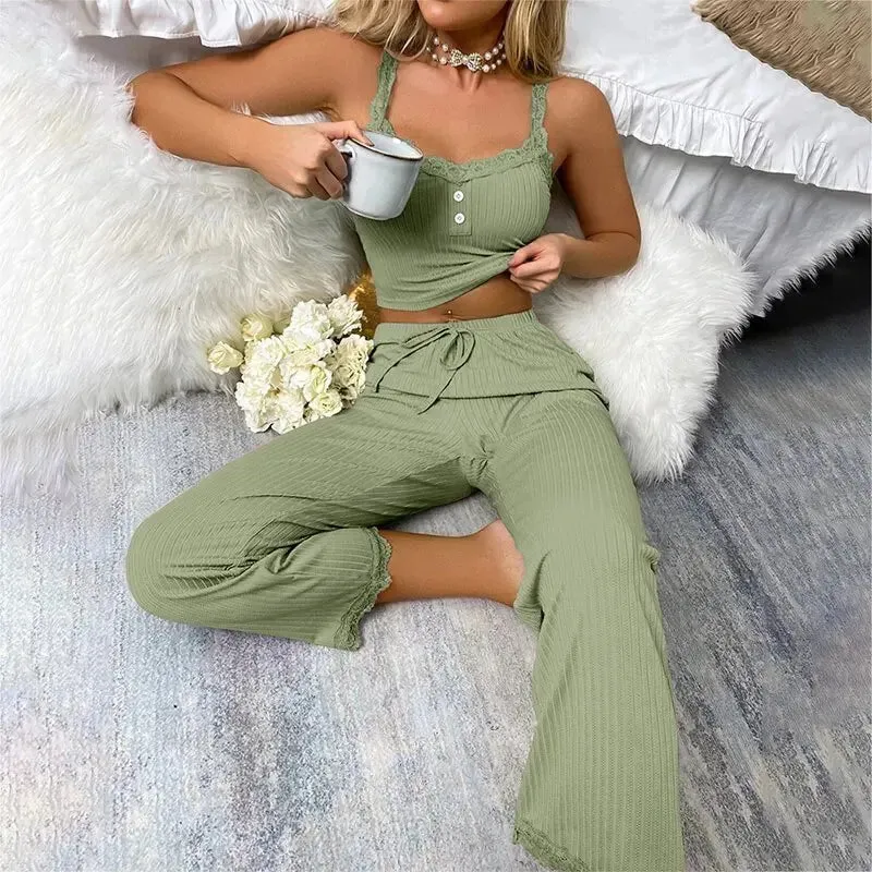 Bonnyshow Sexy Casual Pajamas Set For Women Summer Lace Suspenders Long Trousers Sexy Two Piece Lounge Set Sleepwear