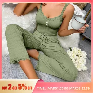 Bonnyshow Sexy Casual Pajamas Set For Women Summer Lace Suspenders Long Trousers Sexy Two Piece Lounge Set Sleepwear