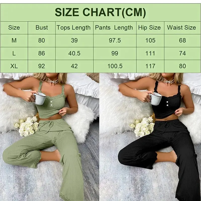 Bonnyshow Sexy Casual Pajamas Set For Women Summer Lace Suspenders Long Trousers Sexy Two Piece Lounge Set Sleepwear