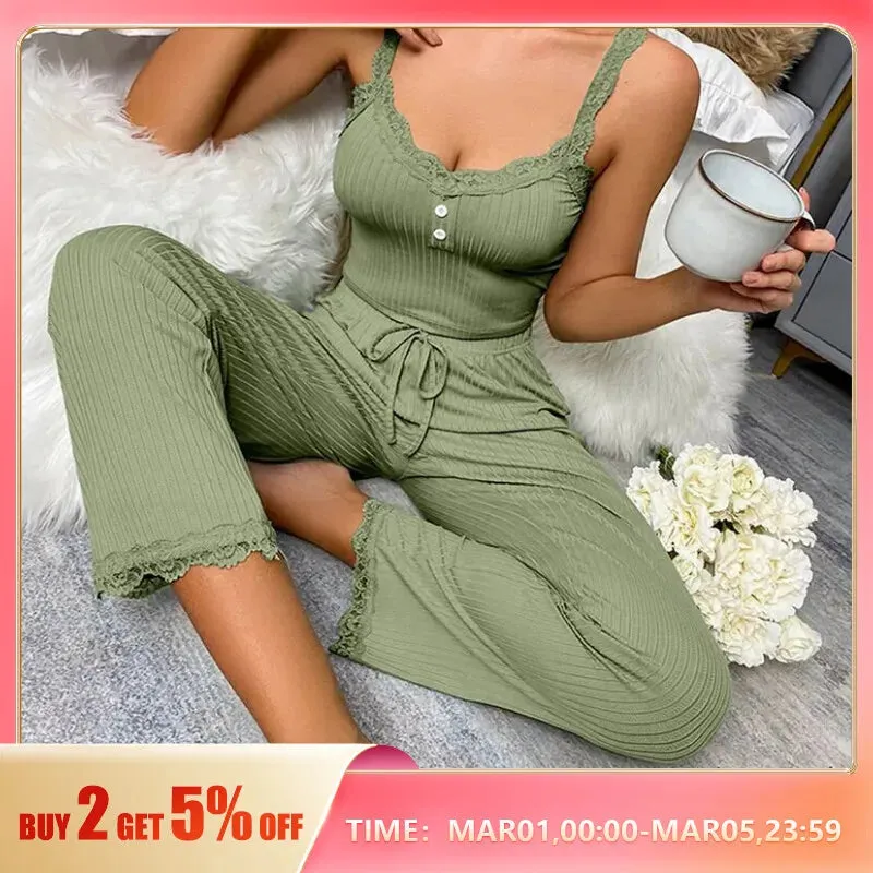 Bonnyshow Sexy Casual Pajamas Set For Women Summer Lace Suspenders Long Trousers Sexy Two Piece Lounge Set Sleepwear