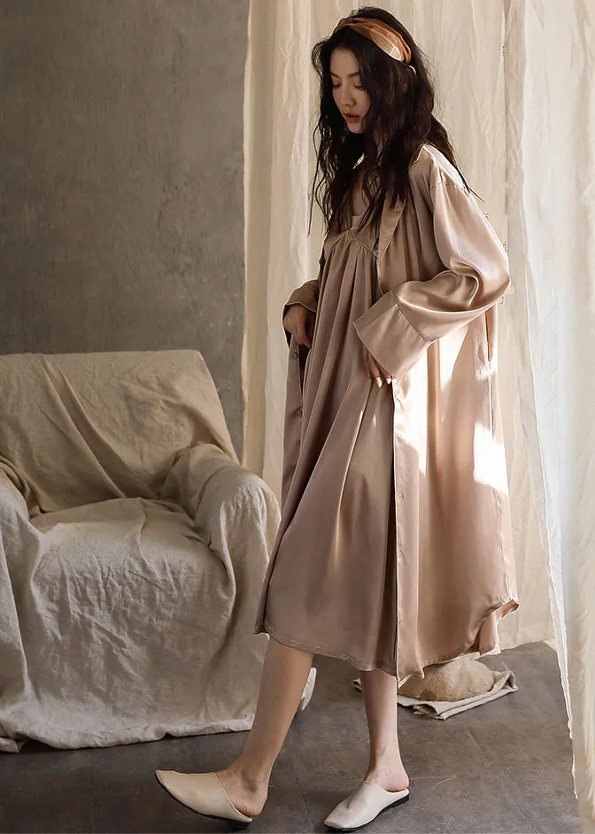 Boutique Pink Patchwork Button Solid Ice Silk Maxi Dress Spring TO1037