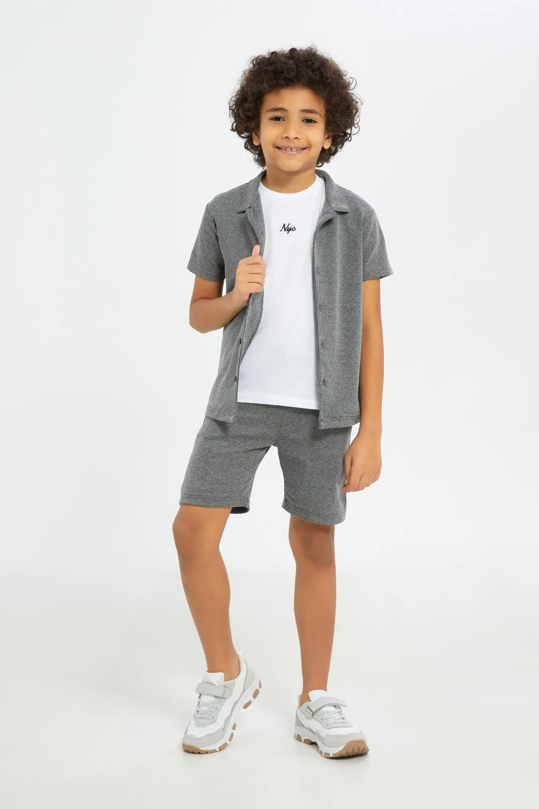 Boys Charcoal And White Casual Shirt Set (3 Piece)