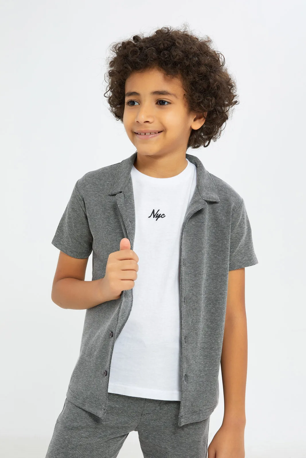 Boys Charcoal And White Casual Shirt Set (3 Piece)