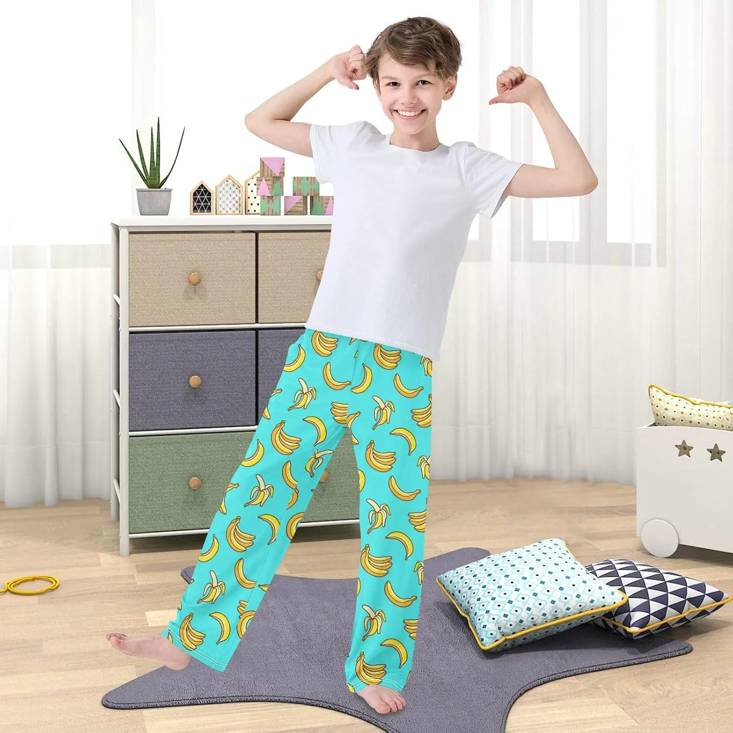 Boys Pajama Pants Cute Banana Turquoise Elastic Waist Lounge Pajama Bottoms with 2 Pockets Soft Sleep Pjs M