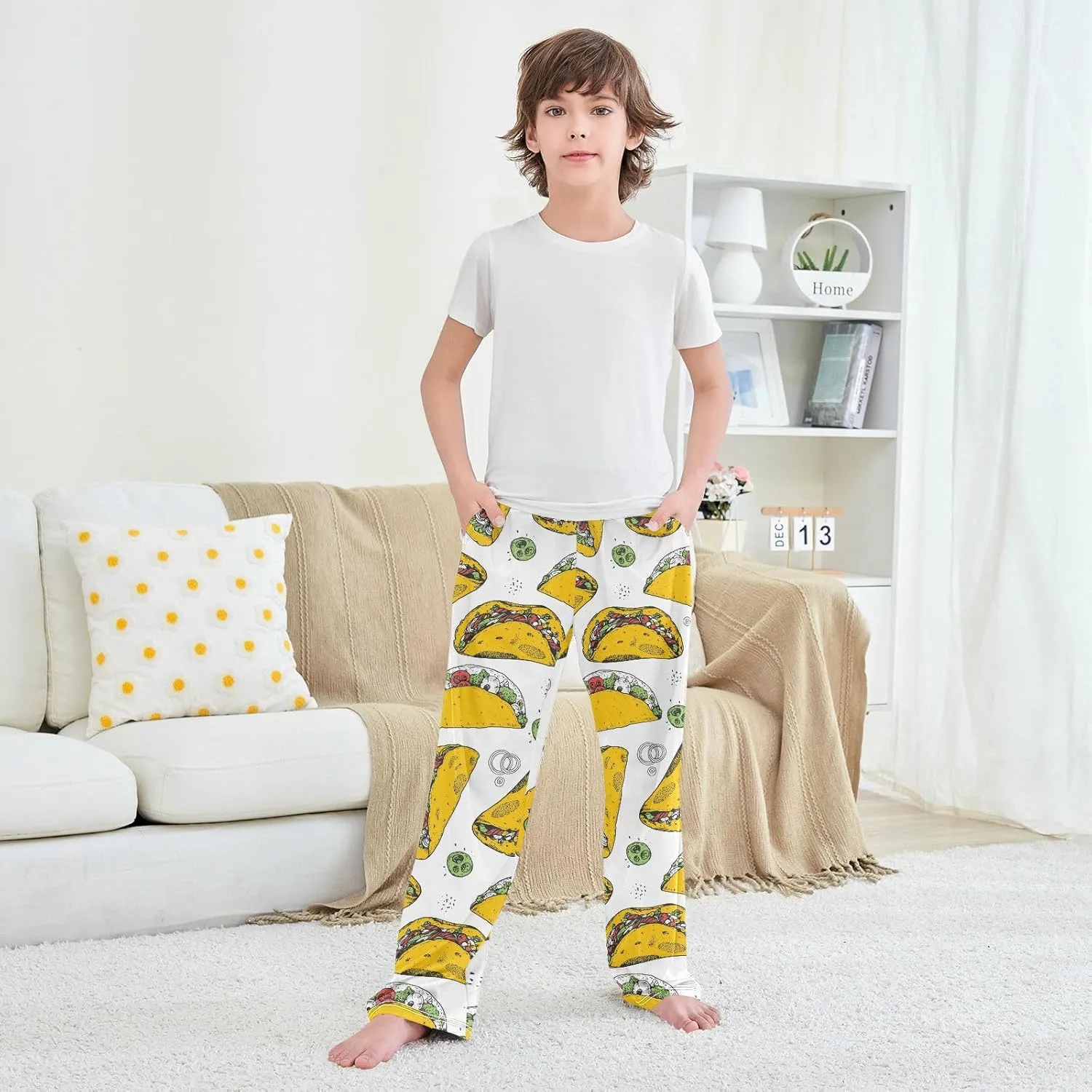 Boys Pajama Pants Tacos Hand Drawn Fast Food Elastic Waist Lounge Pajama Bottoms with 2 Pockets Soft Sleep Pjs M
