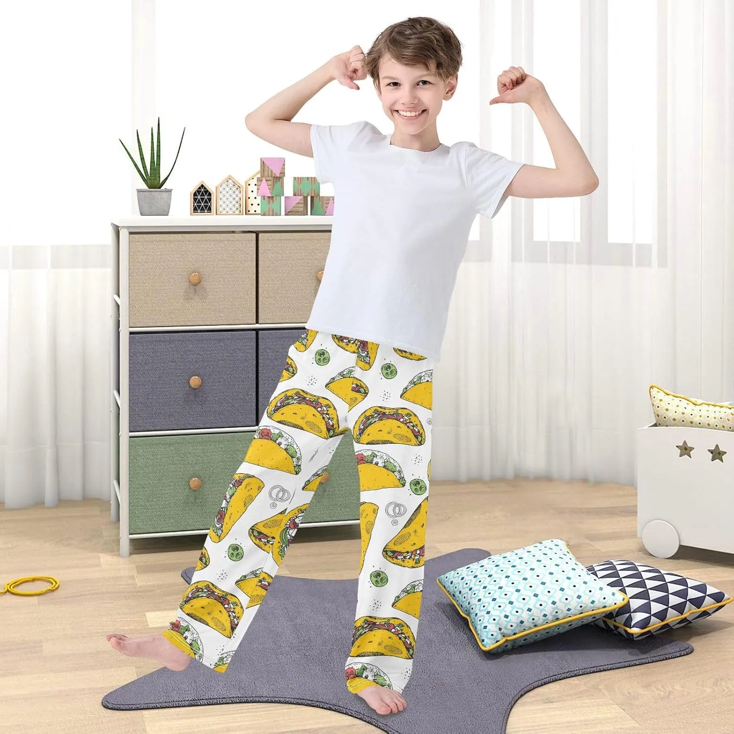Boys Pajama Pants Tacos Hand Drawn Fast Food Elastic Waist Lounge Pajama Bottoms with 2 Pockets Soft Sleep Pjs M