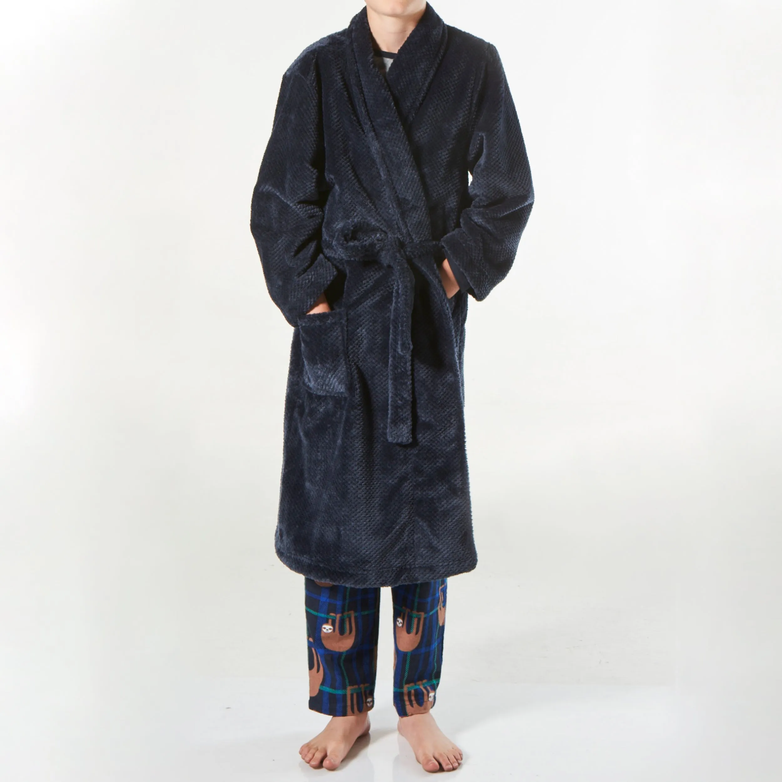 Boy's Waffle Texture Coral Fleece Robe - Navy