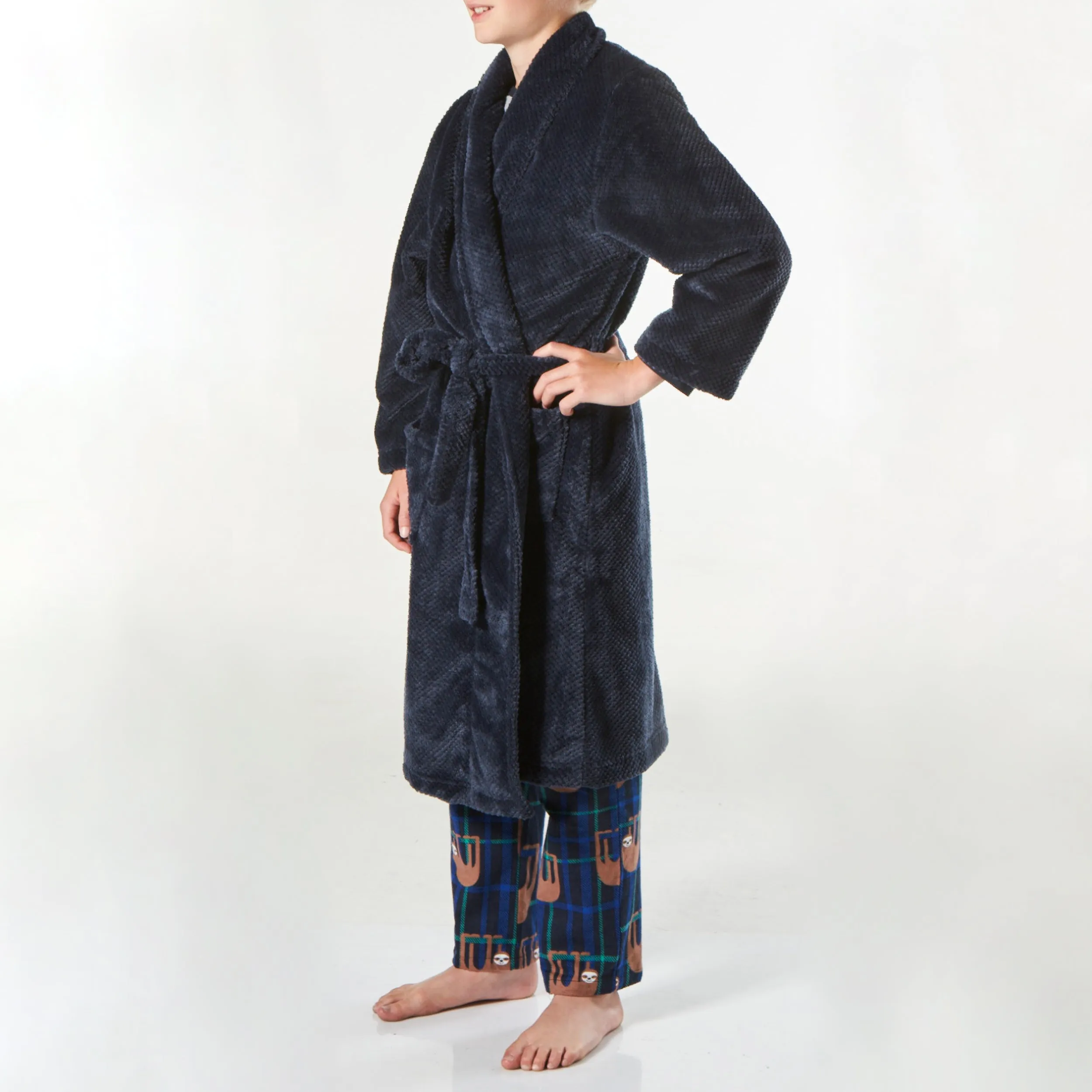 Boy's Waffle Texture Coral Fleece Robe - Navy