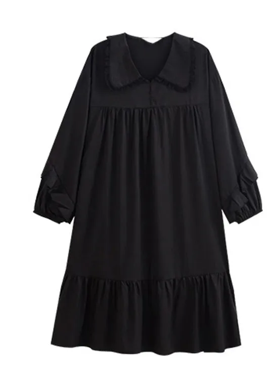 Brief Black Peter Pan Collar Patchwork Ice Silk Maxi Dress Spring LY1899