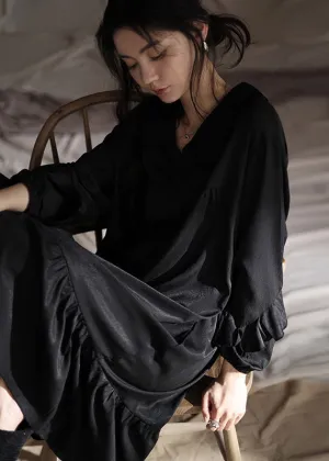 Brief Black Peter Pan Collar Patchwork Ice Silk Maxi Dress Spring TO1032