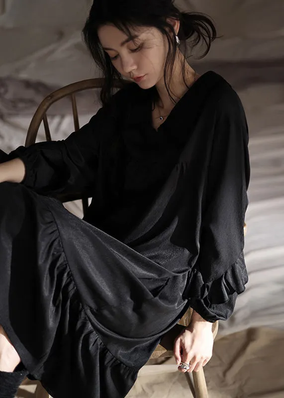 Brief Black Peter Pan Collar Patchwork Ice Silk Maxi Dress Spring TO1032