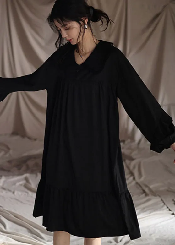 Brief Black Peter Pan Collar Patchwork Ice Silk Maxi Dress Spring TO1032