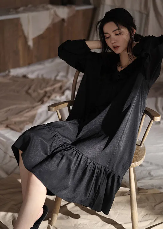 Brief Black Peter Pan Collar Patchwork Ice Silk Maxi Dress Spring TO1032