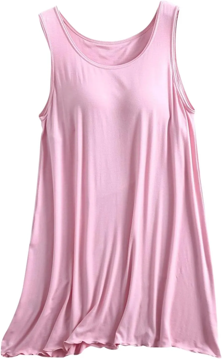 Bulit-in-Bra Nightgowns for Women Sleeveless Loose Crew Neck Pajamas Tank Dress Summer Soft Modal Sleepwear