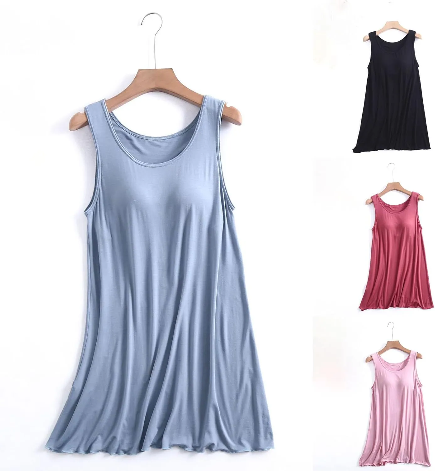 Bulit-in-Bra Nightgowns for Women Sleeveless Loose Crew Neck Pajamas Tank Dress Summer Soft Modal Sleepwear