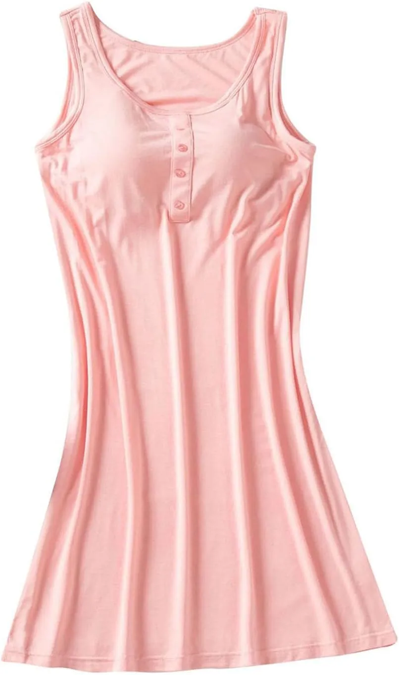 Bulit-in-Bra Tanks Nightgowns for Women Summer Button Henley Neck Lounge Dress Loose Sleeveless Soft Modal Sleepwear