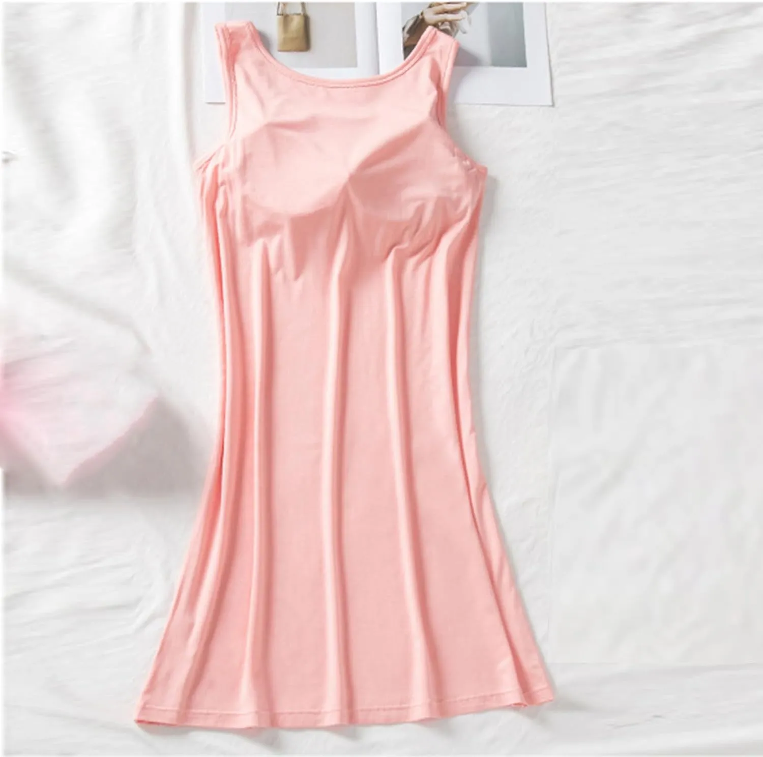 Bulit-in-Bra Tanks Nightgowns for Women Summer Button Henley Neck Lounge Dress Loose Sleeveless Soft Modal Sleepwear