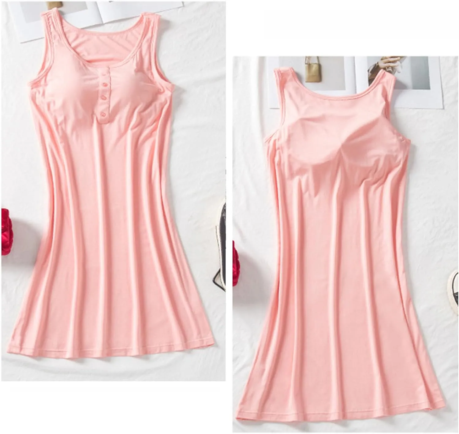 Bulit-in-Bra Tanks Nightgowns for Women Summer Button Henley Neck Lounge Dress Loose Sleeveless Soft Modal Sleepwear