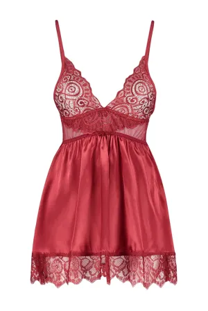 Burgundy Satin Lace Detailed Babydoll