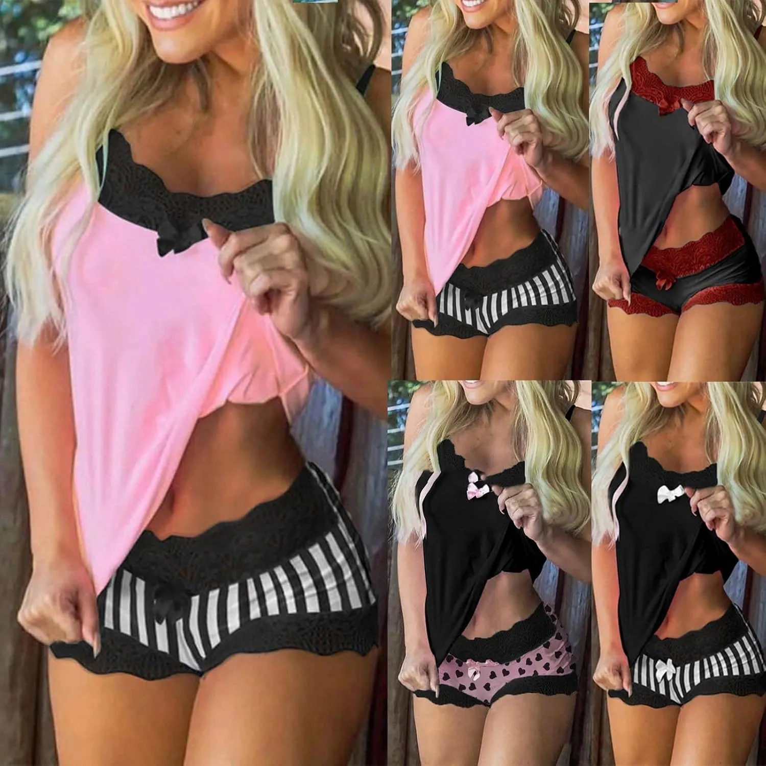 Camisole Pajamas Set for Women Summer Sexy Lace Trim Cami Tops and Graphic Mini Shorts Pjs 2 Piece Lingerie Sleepwear