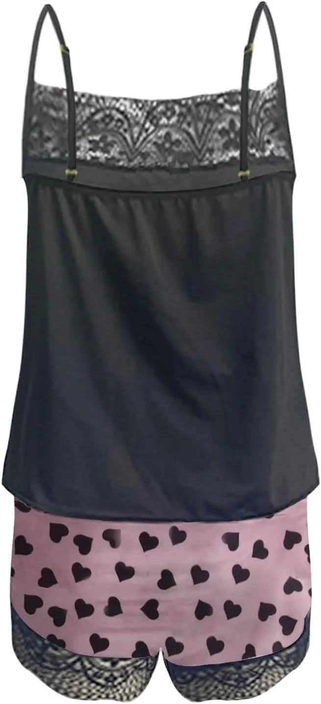 Camisole Pajamas Set for Women Summer Sexy Lace Trim Cami Tops and Graphic Mini Shorts Pjs 2 Piece Lingerie Sleepwear