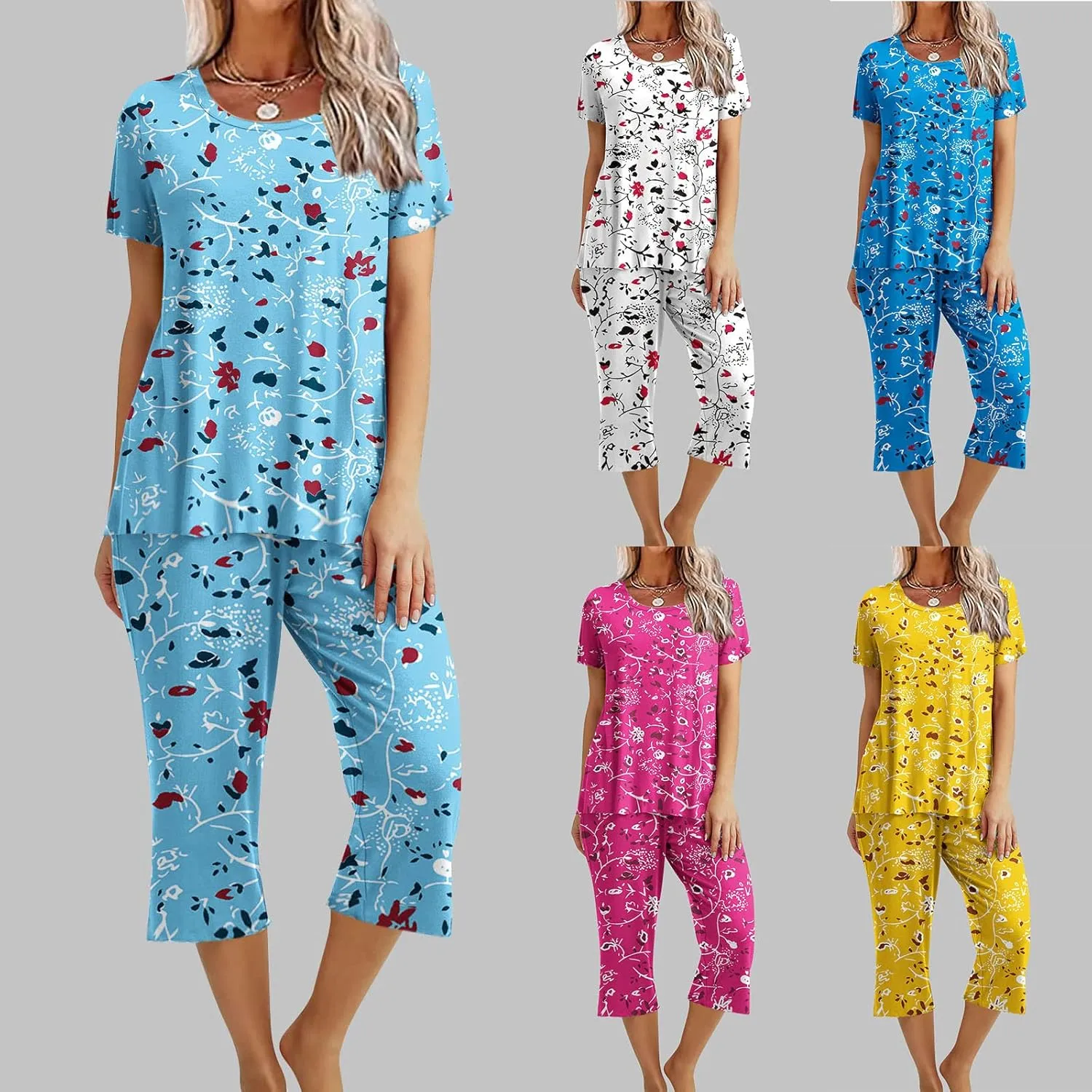 Capris Pajamas for Women Summer Floral Print Short Sleeve Sleepwear Top and Capri Pants 2 Piece Loungewear Sets with Pockets
