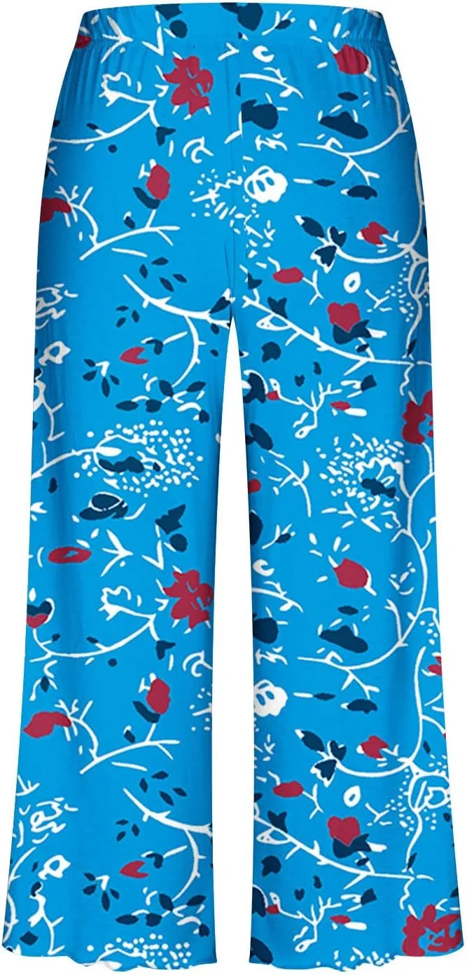 Capris Pajamas for Women Summer Floral Print Short Sleeve Sleepwear Top and Capri Pants 2 Piece Loungewear Sets with Pockets