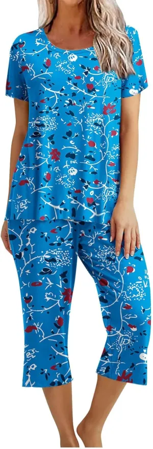 Capris Pajamas for Women Summer Floral Print Short Sleeve Sleepwear Top and Capri Pants 2 Piece Loungewear Sets with Pockets