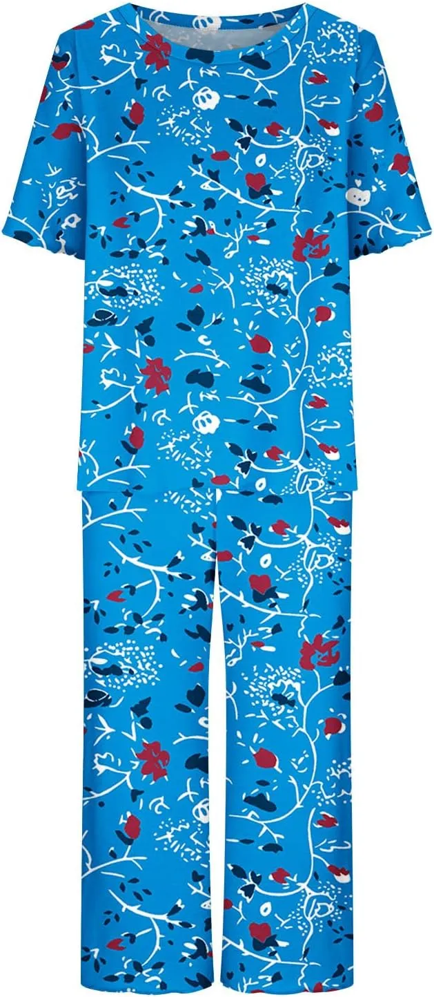 Capris Pajamas for Women Summer Floral Print Short Sleeve Sleepwear Top and Capri Pants 2 Piece Loungewear Sets with Pockets