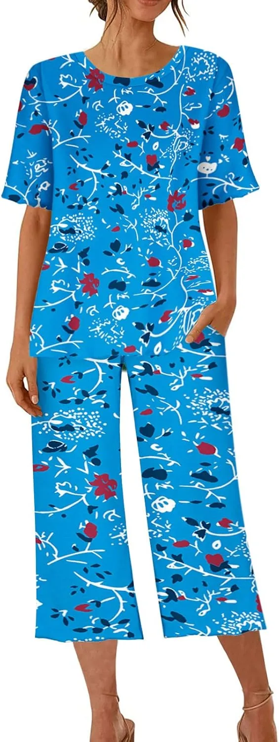 Capris Pajamas for Women Summer Floral Print Short Sleeve Sleepwear Top and Capri Pants 2 Piece Loungewear Sets with Pockets
