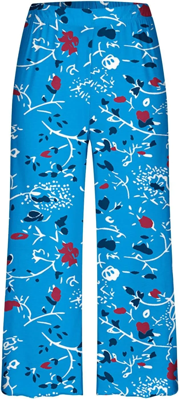 Capris Pajamas for Women Summer Floral Print Short Sleeve Sleepwear Top and Capri Pants 2 Piece Loungewear Sets with Pockets