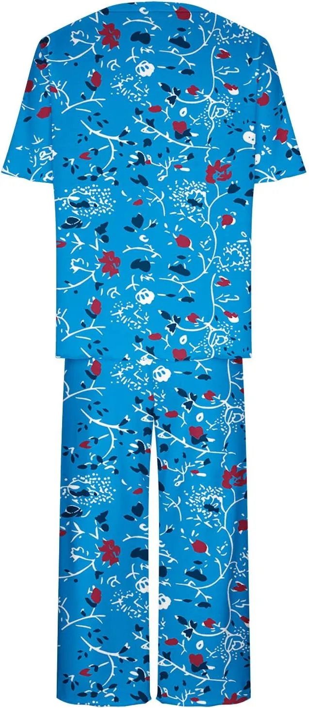 Capris Pajamas for Women Summer Floral Print Short Sleeve Sleepwear Top and Capri Pants 2 Piece Loungewear Sets with Pockets