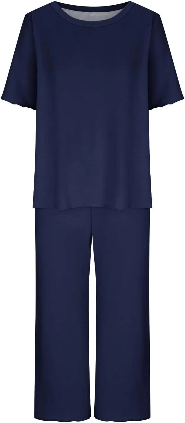 Capris Pajamas for Women Summer Short Sleeve Crewneck Sleepwear Top and Capri Pants 2 Piece Loungewear Sets with Pockets