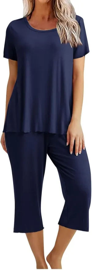 Capris Pajamas for Women Summer Short Sleeve Crewneck Sleepwear Top and Capri Pants 2 Piece Loungewear Sets with Pockets