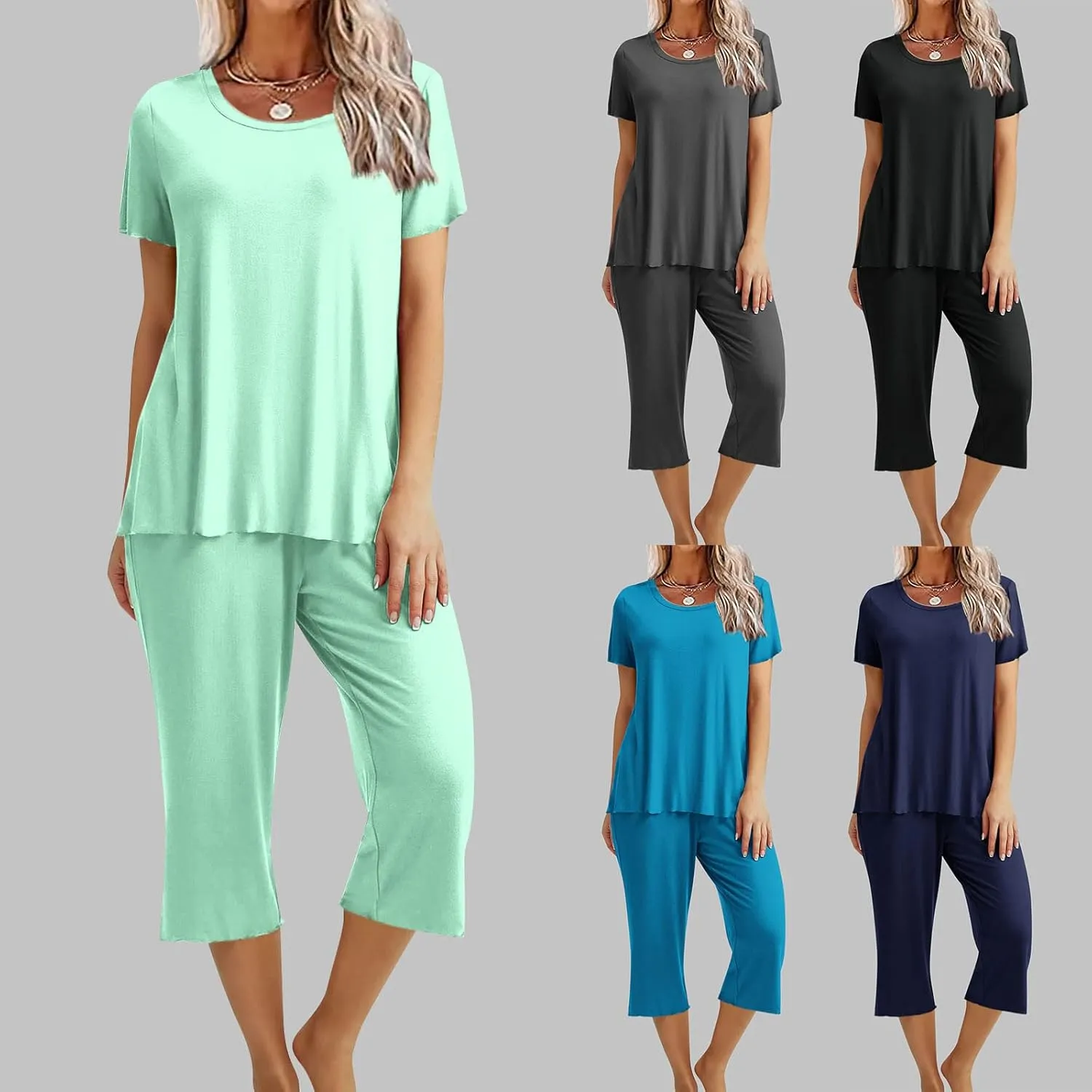 Capris Pajamas for Women Summer Short Sleeve Crewneck Sleepwear Top and Capri Pants 2 Piece Loungewear Sets with Pockets