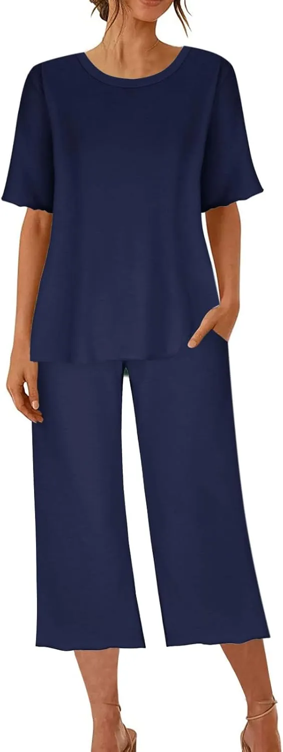 Capris Pajamas for Women Summer Short Sleeve Crewneck Sleepwear Top and Capri Pants 2 Piece Loungewear Sets with Pockets
