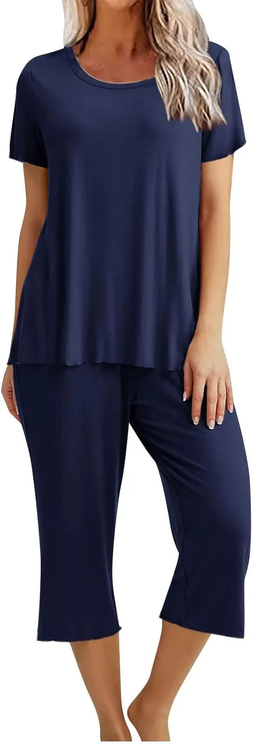 Capris Pajamas for Women Summer Short Sleeve Crewneck Sleepwear Top and Capri Pants 2 Piece Loungewear Sets with Pockets