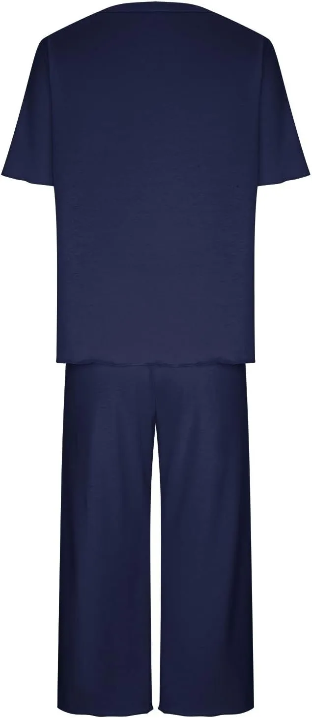 Capris Pajamas for Women Summer Short Sleeve Crewneck Sleepwear Top and Capri Pants 2 Piece Loungewear Sets with Pockets