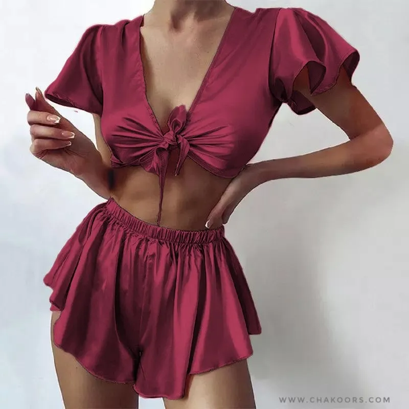 Chakoor silk imitation front knot shirt with elastic boxer sleepwear set CHK # p39