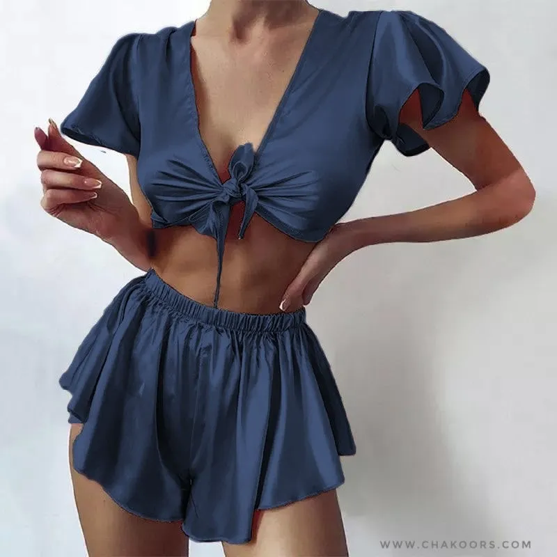 Chakoor silk imitation front knot shirt with elastic boxer sleepwear set CHK # p39