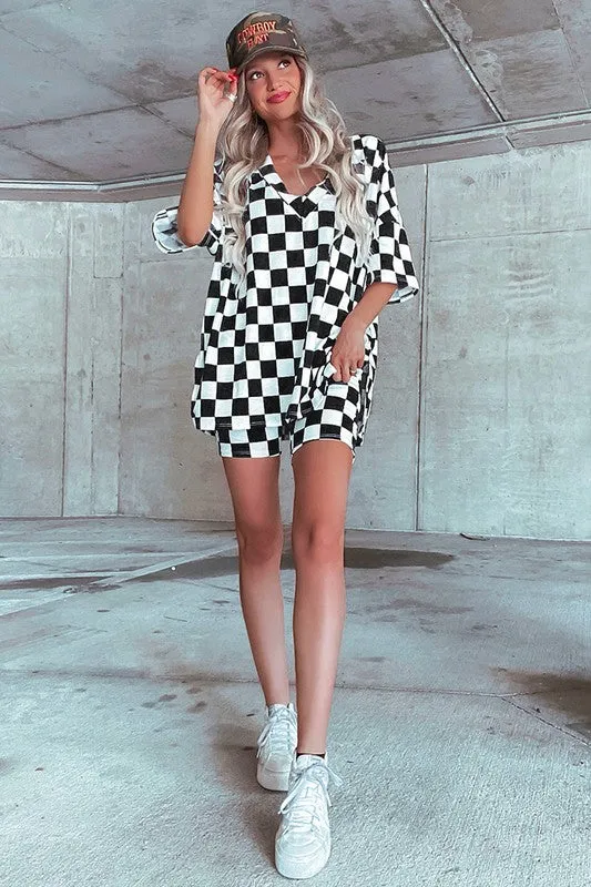 Checkerboard V Neck Tee and Shorts Lounge Set