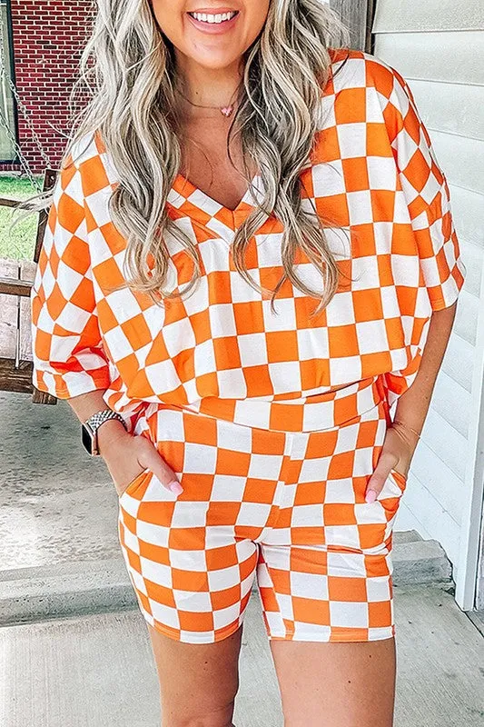 Checkerboard V Neck Tee and Shorts Lounge Set