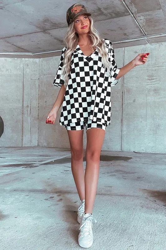Checkerboard V Neck Tee and Shorts Lounge Set