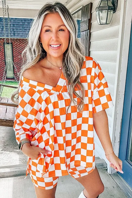 Checkerboard V Neck Tee and Shorts Lounge Set