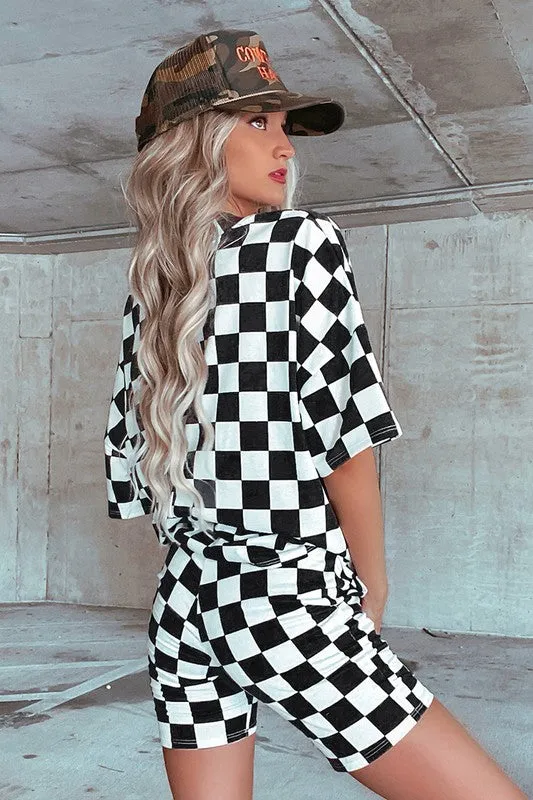 Checkerboard V Neck Tee and Shorts Lounge Set