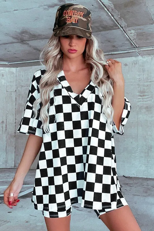 Checkerboard V Neck Tee and Shorts Lounge Set